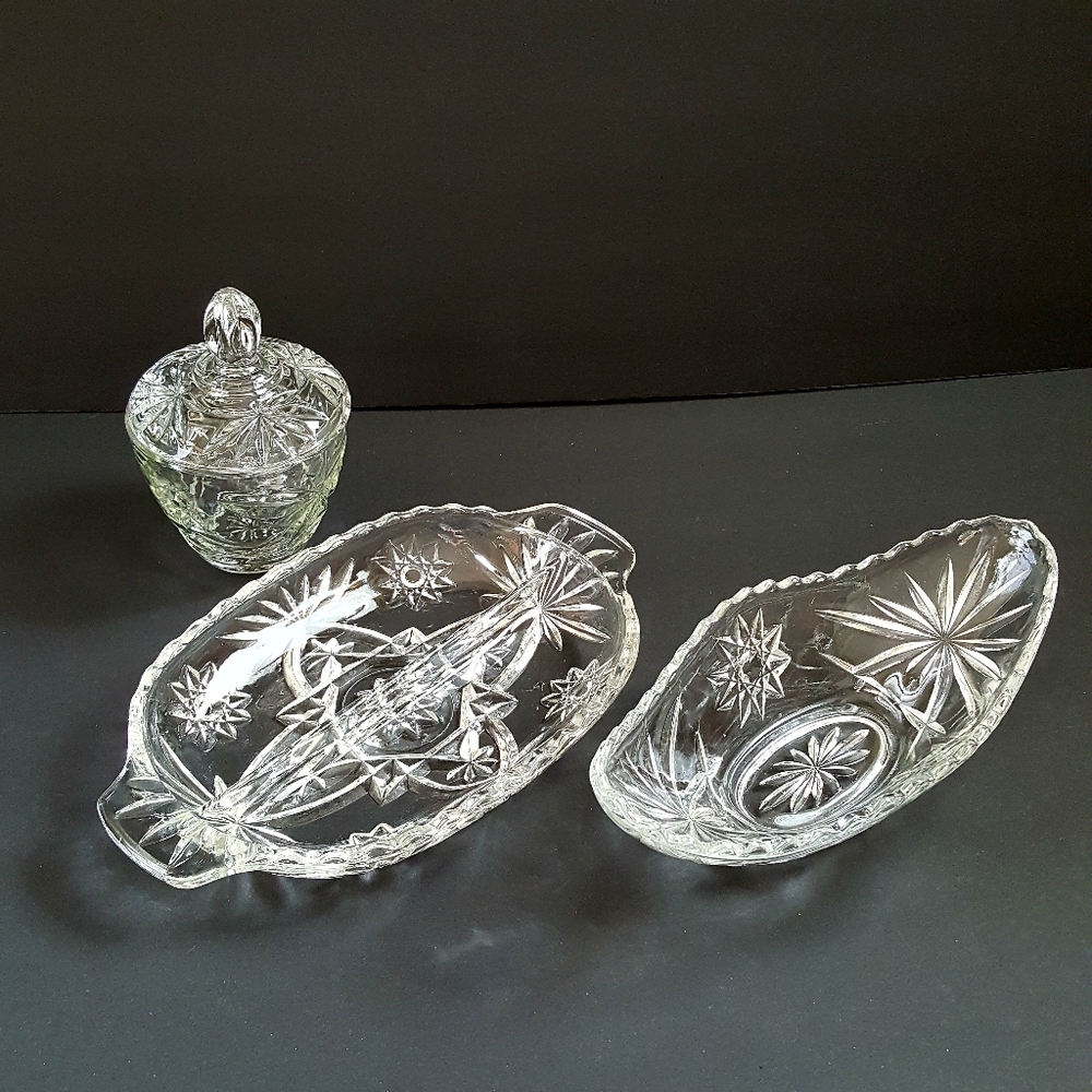 Set of 3 Vintage Clear Glass Serving Dishes Star
